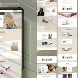 Puede incluir: Una tableta digital muestra un dise&ntilde;o de sitio web con m&uacute;ltiples dise&ntilde;os de p&aacute;gina. El dise&ntilde;o presenta una paleta de colores neutros con im&aacute;genes y texto. El texto "8 Editable Pages Included" est&aacute; en la parte superior. El enlace de demostraci&oacute;n del sitio web est&aacute; en la descripci&oacute;n.