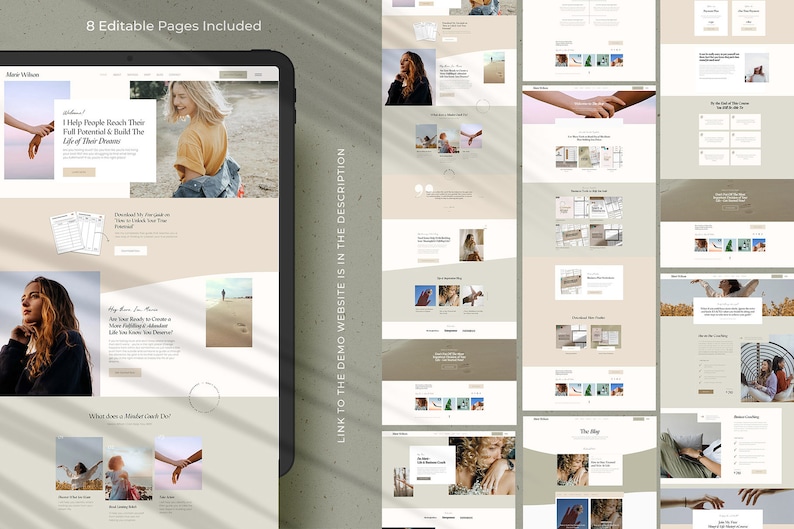 Puede incluir: Una tableta digital muestra un dise&ntilde;o de sitio web con m&uacute;ltiples dise&ntilde;os de p&aacute;gina. El dise&ntilde;o presenta una paleta de colores neutros con im&aacute;genes y texto. El texto "8 Editable Pages Included" est&aacute; en la parte superior. El enlace de demostraci&oacute;n del sitio web est&aacute; en la descripci&oacute;n.