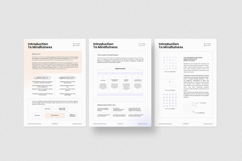 May include: Three pages of a guide to mindfulness, with the title "Introduction to Mindfulness" at the top of each page. The first page explains what mindfulness is and how it can be used to manage stress. The second page describes the pillars of mindfulness, which are attention, acceptance, and intention. The third page explains the difference between mindfulness and relaxation.