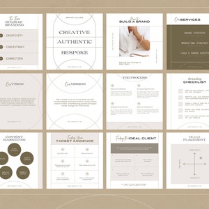 May include: A brown and white infographic with the text "The Three Rules of Branding" and "Creative, Authentic, Bespoke". The infographic also includes the text "Our Vision", "Our Mission", "The Process", "Branding Checklist", "Content Marketing", "Target Audience", "Find Your Ideal Client", and "Brand Placement".