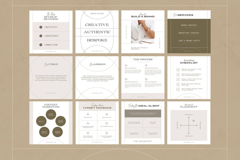 May include: A brown and white infographic with the text "The Three Rules of Branding" and "Creative, Authentic, Bespoke". The infographic also includes the text "Our Vision", "Our Mission", "The Process", "Branding Checklist", "Content Marketing", "Target Audience", "Find Your Ideal Client", and "Brand Placement".