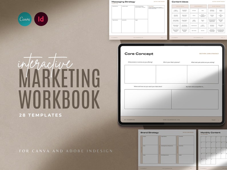 Pu&ograve; includere: Un libro di lavoro di marketing interattivo con 28 modelli per Canva e Adobe InDesign. Il libro di lavoro include sezioni per la strategia di messaggistica, idee di contenuto, concetto centrale, strategia di marca e contenuto mensile.