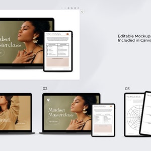 May include: Three mockups of digital products for a mindset masterclass. The first mockup shows a laptop with a green background and the text "Mindset Masterclass" in a serif font. The second mockup shows a laptop with a tan background and the text "Unleash Your Potential." The third mockup shows two tablets, one with a wheel of life diagram and the other with a blank grid.