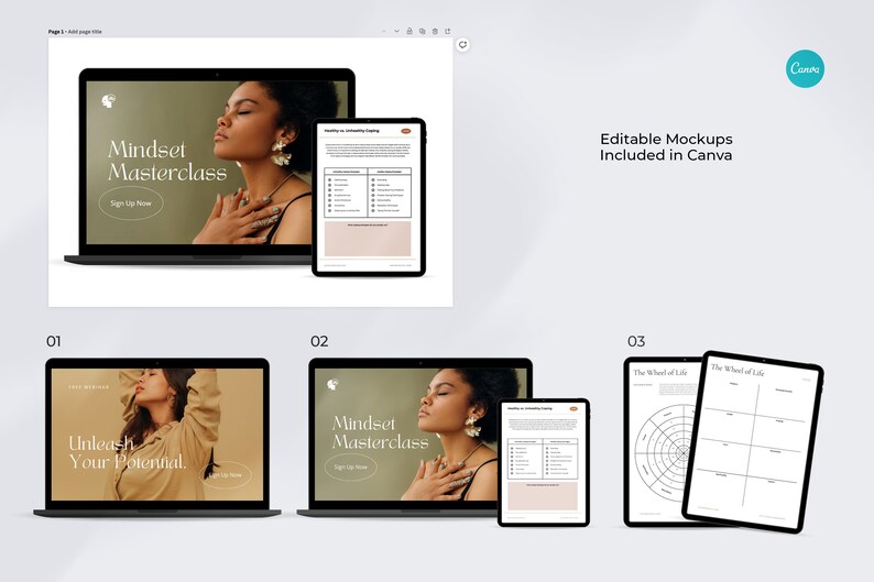 May include: Three mockups of digital products for a mindset masterclass. The first mockup shows a laptop with a green background and the text "Mindset Masterclass" in a serif font. The second mockup shows a laptop with a tan background and the text "Unleash Your Potential." The third mockup shows two tablets, one with a wheel of life diagram and the other with a blank grid.