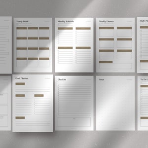May include: A set of printable planner pages with headings for goal setting, yearly goals, monthly schedule, weekly planner, daily planner, goal planner, checklist, notes, and to do list.