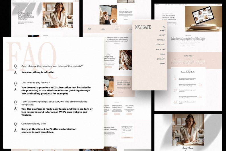 Puede incluir: Una p&aacute;gina de preguntas frecuentes de un sitio web con un fondo rosa claro y texto blanco. Las preguntas y respuestas son sobre la marca del sitio web, las suscripciones de Wix y la edici&oacute;n del sitio web. El sitio web tambi&eacute;n tiene un men&uacute; de navegaci&oacute;n con enlaces a inicio, acerca de, servicios, p&aacute;gina de ventas, portafolio, blog, contacto y tienda.