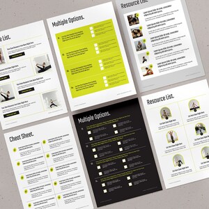 May include: Four black and white printable sheets with the text "Resource List", "Multiple Options", and "Cheat Sheet". Each sheet features a grid of images of a woman in different yoga poses.