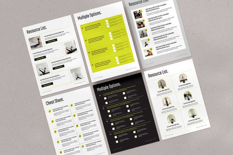 May include: Four black and white printable sheets with the text "Resource List", "Multiple Options", and "Cheat Sheet". Each sheet features a grid of images of a woman in different yoga poses.