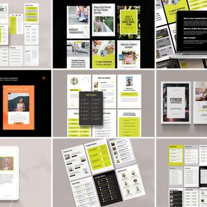 May include: A collection of fitness and wellness resources, including a fitness workbook, workout guides, and meal planning tips. The resources feature a yellow and black color scheme with images of people exercising.