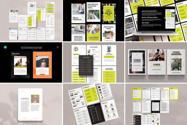 May include: A collection of fitness and wellness resources, including a fitness workbook, workout guides, and meal planning tips. The resources feature a yellow and black color scheme with images of people exercising.