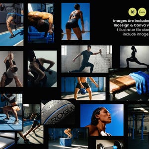 Puede incluir: Un collage de im&aacute;genes que muestran diversas actividades de fitness. Los atletas se representan en acci&oacute;n, levantando pesas, usando cuerdas y realizando ejercicios. Las im&aacute;genes est&aacute;n ambientadas en un gimnasio, con un bal&oacute;n medicinal Rogue visible. Texto: "Images Are Included in the Indesign & Canva version."