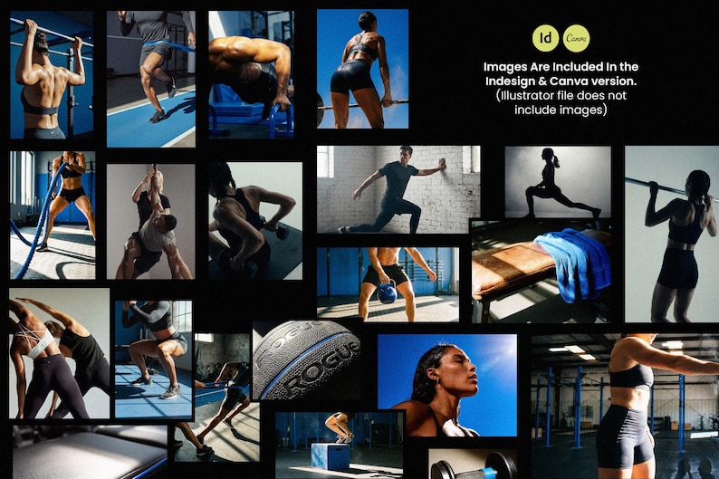 Puede incluir: Un collage de im&aacute;genes que muestran diversas actividades de fitness. Los atletas se representan en acci&oacute;n, levantando pesas, usando cuerdas y realizando ejercicios. Las im&aacute;genes est&aacute;n ambientadas en un gimnasio, con un bal&oacute;n medicinal Rogue visible. Texto: "Images Are Included in the Indesign & Canva version."