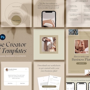 May include: A collection of social media templates for course creators. The templates are designed in a minimalist style with a beige background and feature text, images, and graphics. The templates are designed for use on platforms like Canva, Photoshop, and Illustrator. The text on the templates includes phrases like "Course Creator Social Templates", "How to write your Business Plan", and "Download our worksheets to get started with your own business plan!"