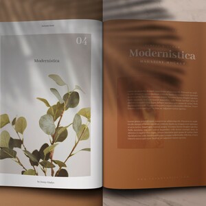 May include: A magazine mockup with the title "Modernistica" and a photo of a leafy branch on a white background. The magazine is open to page 04.