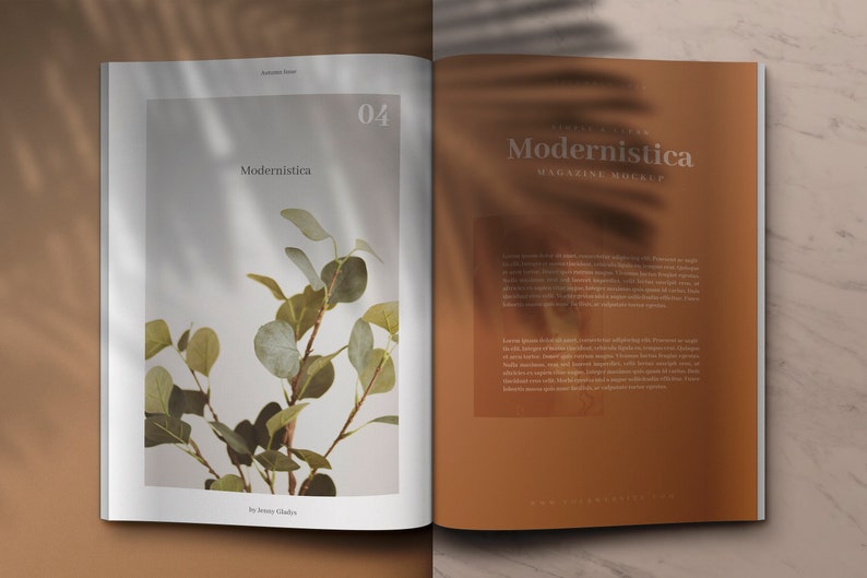 May include: A magazine mockup with the title "Modernistica" and a photo of a leafy branch on a white background. The magazine is open to page 04.