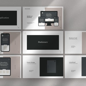 May include: A presentation template with a minimalist design featuring a black and white color scheme. The template includes a variety of design elements, such as a web application, mobile and desktop versions, stationary, business card, poster design, and letterhead.