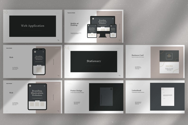 May include: A presentation template with a minimalist design featuring a black and white color scheme. The template includes a variety of design elements, such as a web application, mobile and desktop versions, stationary, business card, poster design, and letterhead.