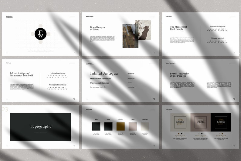 May include: A branding guide with a black and white logo featuring the letters "FW" in a circle. The guide includes information about the fonts used, the color palette, and the brand's overall aesthetic.