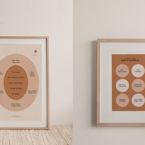 Peut inclure: Deux impressions encadr&eacute;es avec un fond brun et du texte blanc. L'impression de gauche est un diagramme circulaire avec le texte "Ce que les autres font", "Mes actions", "Comment je r&eacute;agis aux choses", "Comment je traite les gens", "Demander de l'aide", "Mes croyances", "Ce que les autres pensent", "Ce que j'aime", "Erreurs du pass&eacute;", "Erreurs des autres", et "Comment les autres r&eacute;agissent". L'impression de droite a le texte "Choses que je ne peux PAS CONTR&Ocirc;LER" et six cercles avec le texte "Comment les autres r&eacute;agissent", "Erreurs du pass&eacute;", "Ce que j'aime", "Ce que les autres font", "Erreurs des autres", et "Ce que les autres pensent".