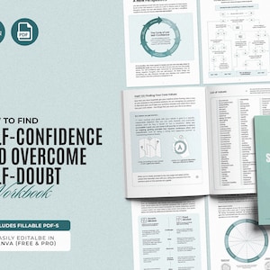 Puede incluir: Un cuaderno de trabajo verde azulado con el título "Cómo encontrar la confianza en ti mismo y superar la duda propia - Cuaderno de trabajo". El cuaderno de trabajo incluye PDF rellenables y es fácil de editar en Canva (gratis y pro).