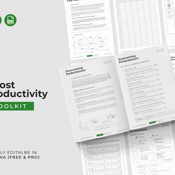 Boost Productivity Toolkit / Herramientas y ejercicios de entrenamiento editables / Archivos PDF de entrenamiento interactivo / Herramientas de terapia