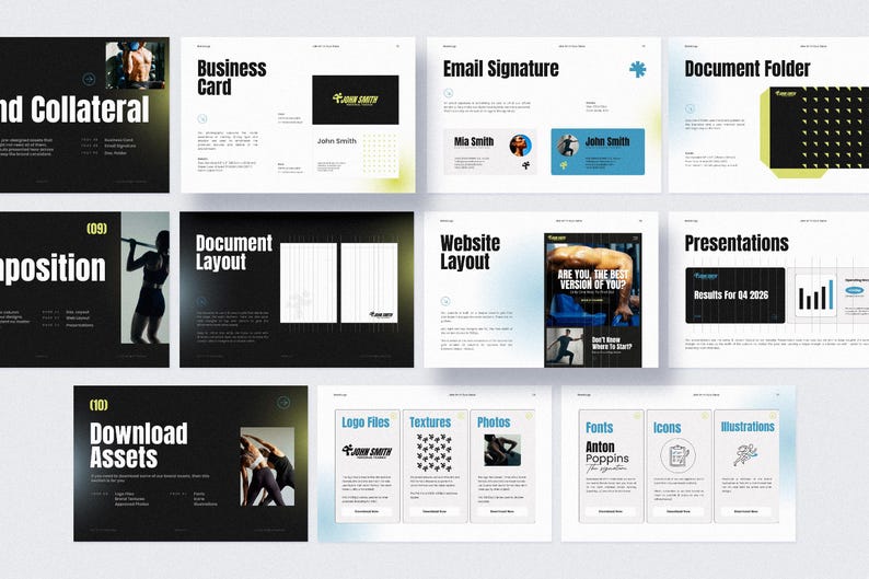Puede incluir: Un conjunto de plantillas de dise&ntilde;o digital para materiales de negocios y marketing. Incluye dise&ntilde;os para tarjetas de visita, firmas de correo electr&oacute;nico, dise&ntilde;os de sitios web, presentaciones y carpetas de documentos. El dise&ntilde;o utiliza una combinaci&oacute;n de colores negro, blanco y azul con im&aacute;genes relacionadas con el fitness.