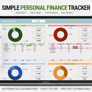 Puede incluir: Una pantalla de portátil muestra un rastreador de finanzas personales con secciones de presupuesto, ingresos, gastos y ahorros. El panel incluye gráficos circulares en verde, rojo, azul y naranja, y el texto "SIMPLE PERSONAL FINANCE TRACKER". Para Google Sheets.