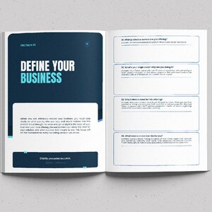 Op de afbeelding: Een open boek met de titel "DEFINE YOUR BUSINESS" in wit en teal op een donkerblauwe achtergrond. De pagina's van het boek bevatten tekst en prompts voor bedrijfsplanning, met een lichtgrijze achtergrond.