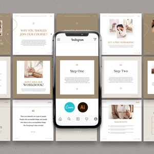 May include: A collage of nine Instagram post templates with a beige background and gold accents. The templates feature text such as "Download our free marketing course", "Why you should join our course?", "Main Benefits", "Don't miss our workbook!", "Just launched a new template", "Get a free workbook", "Join now", "Step One", "Step Two", "Step Three", "Download your freebie right now", "Canva", and "Ai".