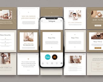 May include: A collage of nine Instagram post templates with a beige background and gold accents. The templates feature text such as "Download our free marketing course", "Why you should join our course?", "Main Benefits", "Don't miss our workbook!", "Just launched a new template", "Get a free workbook", "Join now", "Step One", "Step Two", "Step Three", "Download your freebie right now", "Canva", and "Ai".