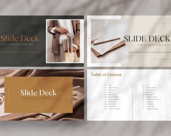 May include: A slide deck template with a beige background and gold accents. The text "Slide Deck" is displayed in a large font with the words "For Ecourse & Webinars" underneath. The template includes a table of contents with numbered list items.