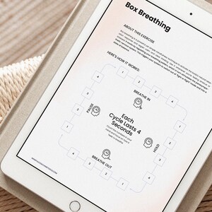 May include: A printable worksheet with instructions for a breathing exercise called "Box Breathing". The worksheet includes a diagram with arrows showing the steps of the exercise: breathe in, hold, breathe out, and pause.