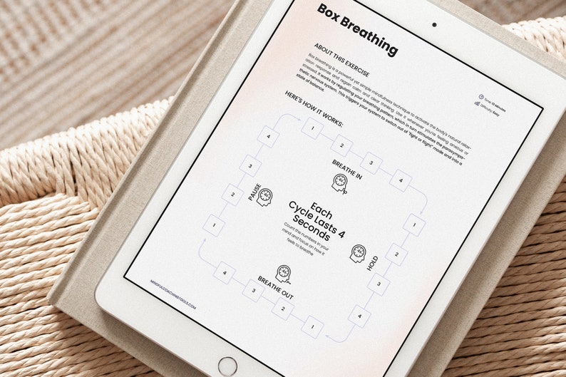 May include: A printable worksheet with instructions for a breathing exercise called "Box Breathing". The worksheet includes a diagram with arrows showing the steps of the exercise: breathe in, hold, breathe out, and pause.