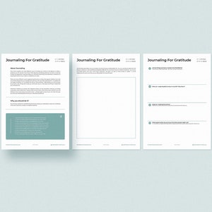 K&ouml;nnte beinhalten: Drei druckbare Tagebuchseiten mit dem Titel "Journaling For Gratitude" und Anweisungen, wie man Dankbarkeitstagebuch f&uuml;hrt. Die Seiten sind so konzipiert, dass sie dir helfen, &uuml;ber Dinge nachzudenken, f&uuml;r die du dankbar bist.