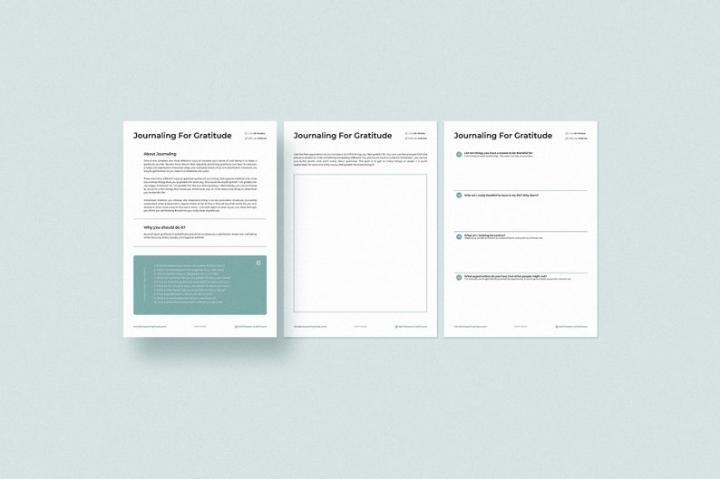 K&ouml;nnte beinhalten: Drei druckbare Tagebuchseiten mit dem Titel "Journaling For Gratitude" und Anweisungen, wie man Dankbarkeitstagebuch f&uuml;hrt. Die Seiten sind so konzipiert, dass sie dir helfen, &uuml;ber Dinge nachzudenken, f&uuml;r die du dankbar bist.