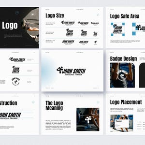 Puede incluir: Una presentaci&oacute;n sobre el dise&ntilde;o del logotipo de la marca, con el logotipo "John Smith Personal Trainer". Las diapositivas muestran el tama&ntilde;o del logotipo, el &aacute;rea segura, el dise&ntilde;o de la insignia, la construcci&oacute;n, el significado y la colocaci&oacute;n. El esquema de color es principalmente blanco y negro con un toque de azul.