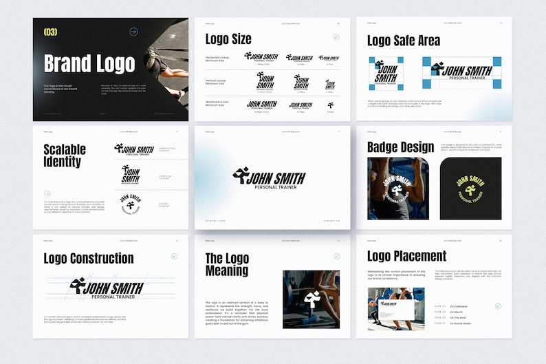 Puede incluir: Una presentaci&oacute;n sobre el dise&ntilde;o del logotipo de la marca, con el logotipo "John Smith Personal Trainer". Las diapositivas muestran el tama&ntilde;o del logotipo, el &aacute;rea segura, el dise&ntilde;o de la insignia, la construcci&oacute;n, el significado y la colocaci&oacute;n. El esquema de color es principalmente blanco y negro con un toque de azul.