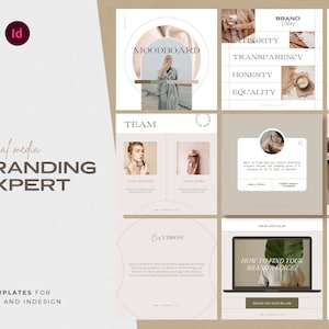 May include: A set of 75 social media templates for Canva and InDesign. The templates feature a minimalist aesthetic with a beige and brown color scheme. The templates are designed for branding experts and include a variety of layouts for mood boards, team introductions, vision statements, new articles, and more.