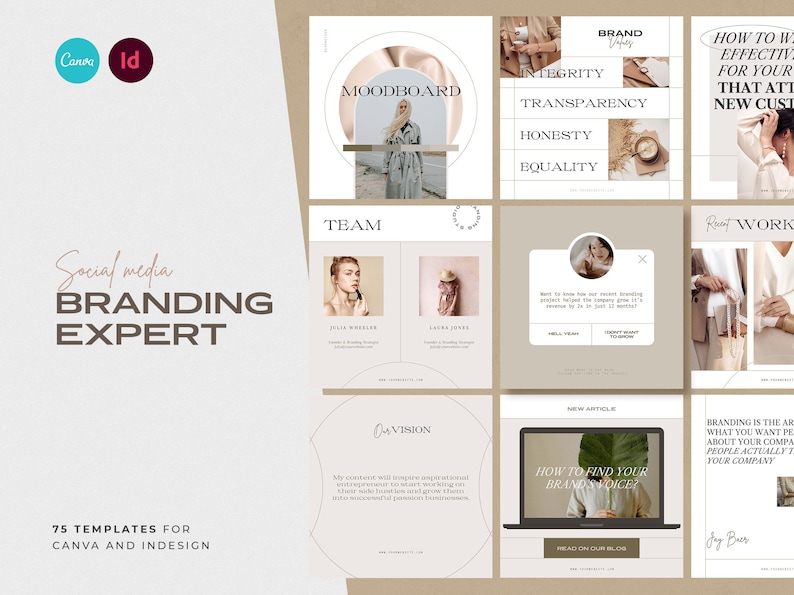 May include: A set of 75 social media templates for Canva and InDesign. The templates feature a minimalist aesthetic with a beige and brown color scheme. The templates are designed for branding experts and include a variety of layouts for mood boards, team introductions, vision statements, new articles, and more.