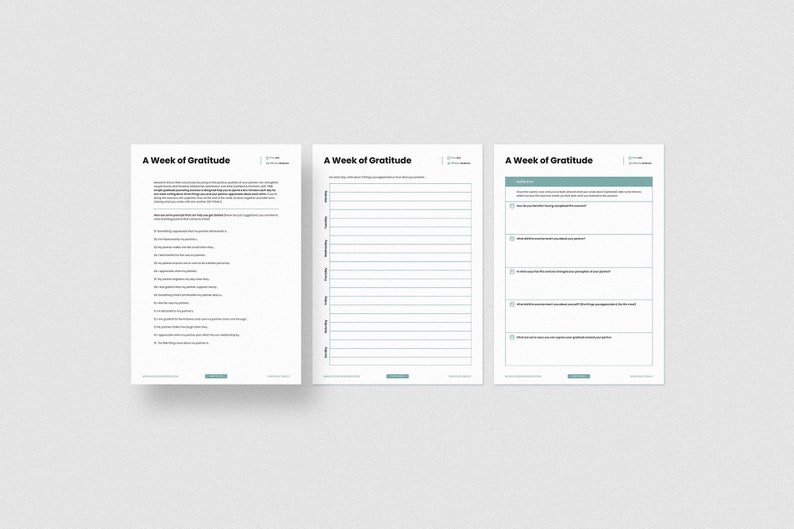 May include: A printable worksheet titled "A Week of Gratitude" with three sections. The first section lists 10 prompts for reflection. The second section has 10 blank lines for writing. The third section has 6 prompts for reflection with blank lines for writing.
