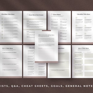 Może przedstawiać: Zestaw drukowanych list kontrolnych, ściąg i stron z pytaniami i odpowiedziami. Strony są zaprojektowane w minimalistycznym stylu i mają jasnoszary tło z czarnym tekstem.