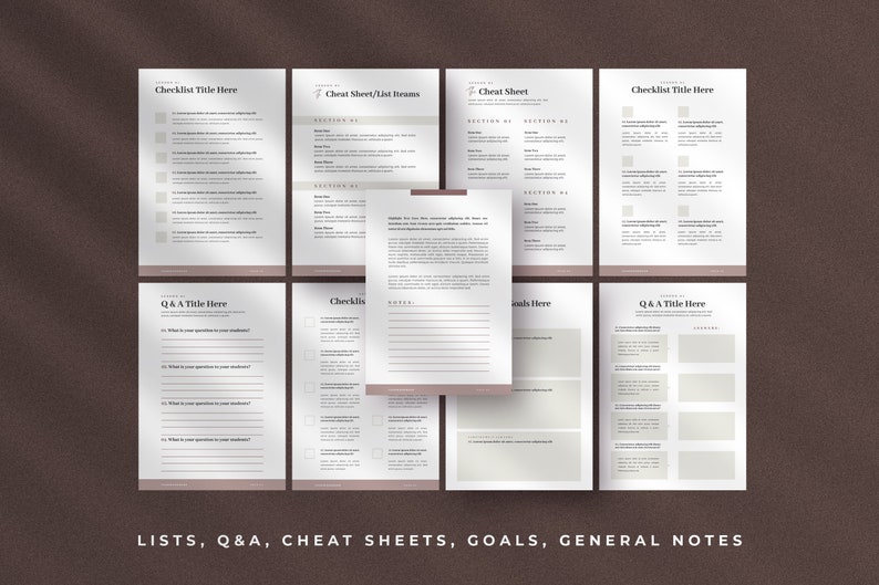 Może przedstawiać: Zestaw drukowanych list kontrolnych, ściąg i stron z pytaniami i odpowiedziami. Strony są zaprojektowane w minimalistycznym stylu i mają jasnoszary tło z czarnym tekstem.