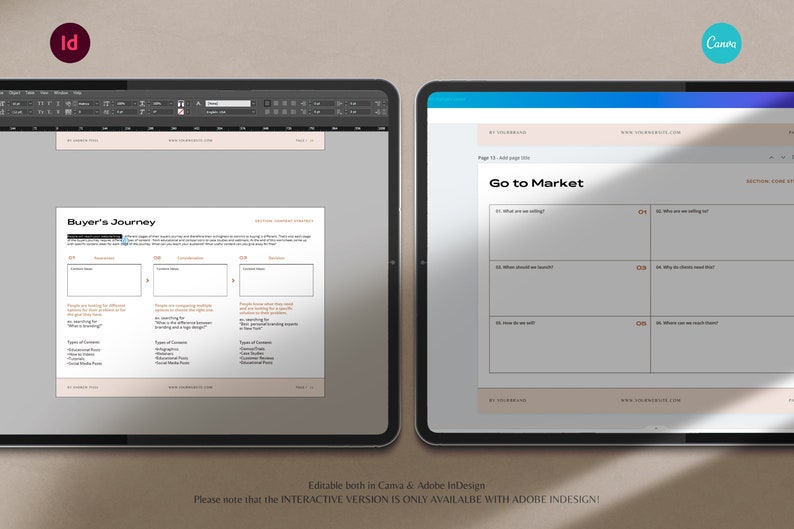 Pu&ograve; includere: Un foglio di lavoro di marketing digitale con il titolo "Buyer's Journey" e un secondo foglio di lavoro con il titolo "Go to Market". Entrambi i fogli di lavoro sono divisi in sezioni con domande per aiutare l'utente a creare un piano di marketing.