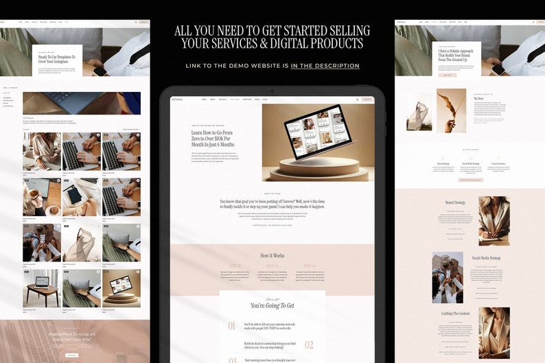 Puede incluir: Una captura de pantalla de un sitio web que muestra un fondo rosa claro con un texto blanco superpuesto. El texto dice "Todo lo que necesitas para empezar a vender tus servicios y productos digitales". El texto "Enlace al sitio web de demostraci&oacute;n est&aacute; en la descripci&oacute;n" tambi&eacute;n se muestra en texto blanco.