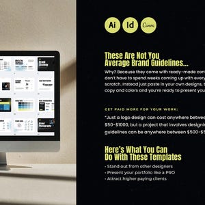 Puede incluir: Un monitor de computadora muestra una presentaci&oacute;n con varias plantillas de dise&ntilde;o. El texto de la derecha dice "These Are Not You Average Brand Guidelines..." y destaca los beneficios de usar las plantillas para dise&ntilde;adores.