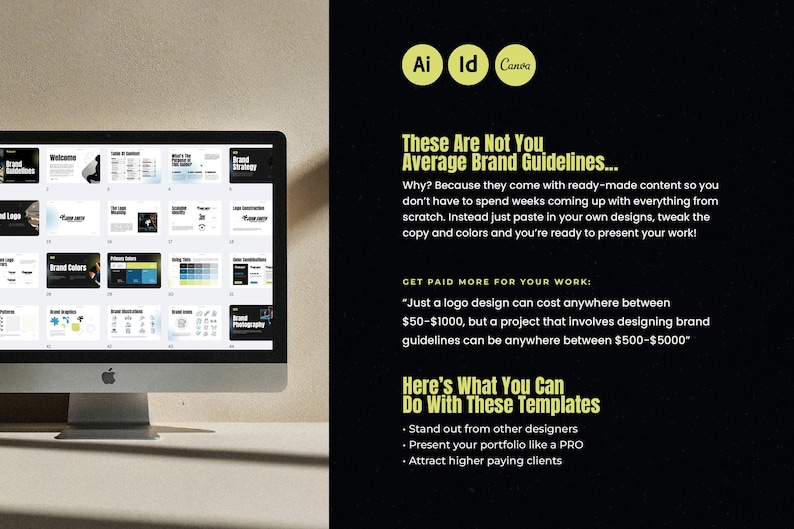 Puede incluir: Un monitor de computadora muestra una presentaci&oacute;n con varias plantillas de dise&ntilde;o. El texto de la derecha dice "These Are Not You Average Brand Guidelines..." y destaca los beneficios de usar las plantillas para dise&ntilde;adores.
