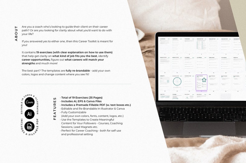 Op de afbeelding: Een laptopcomputer die een digitaal document weergeeft met een witte achtergrond en zwarte tekst. Het document is getiteld "Career Toolkit" en bevat 19 oefeningen om te helpen bij het plannen van een carri&egrave;re. Het document is bewerkbaar in Canva en Illustrator.