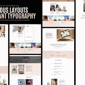 Puede incluir: Un dise&ntilde;o de sitio web que muestra dise&ntilde;os lujosos y tipograf&iacute;a elegante. El sitio web utiliza un esquema de color rosa claro y blanco con im&aacute;genes de una mujer trabajando en una computadora port&aacute;til, un avi&oacute;n y una habitaci&oacute;n con un sof&aacute; y una mesa de caf&eacute;.
