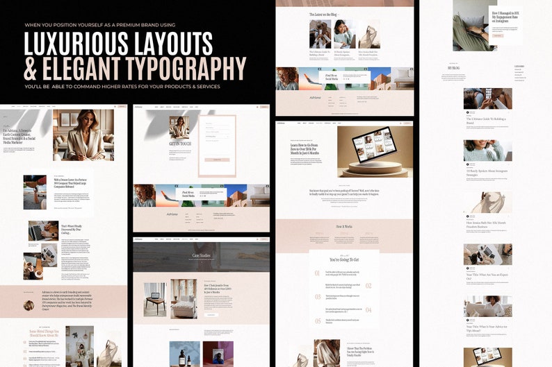Puede incluir: Un dise&ntilde;o de sitio web que muestra dise&ntilde;os lujosos y tipograf&iacute;a elegante. El sitio web utiliza un esquema de color rosa claro y blanco con im&aacute;genes de una mujer trabajando en una computadora port&aacute;til, un avi&oacute;n y una habitaci&oacute;n con un sof&aacute; y una mesa de caf&eacute;.