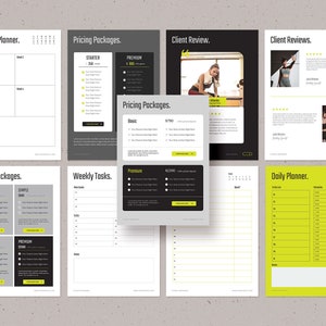 May include: A set of printable planner pages with a yellow and black color scheme. The pages include a monthly planner, weekly tasks, daily planner, and pricing packages.